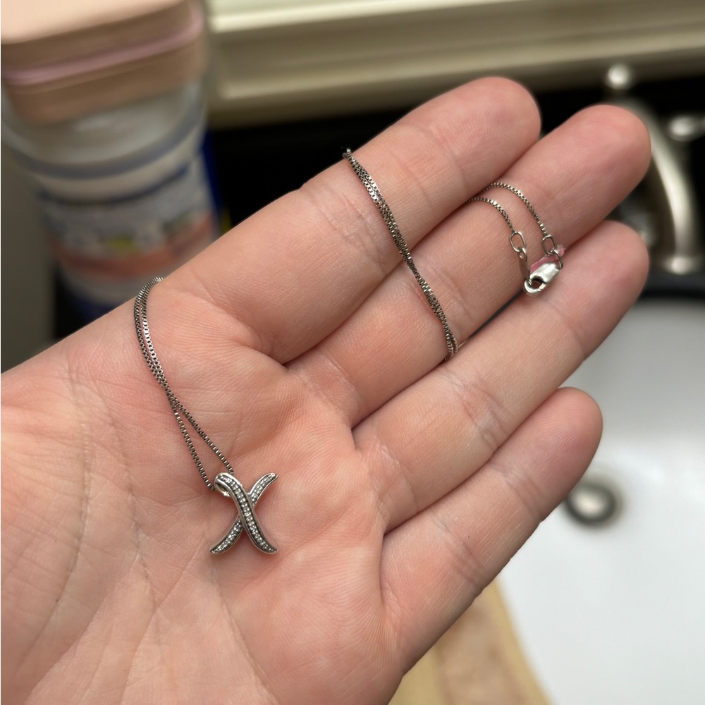 Sterling Silver .10 cttw Natural Diamond “X” Pendant Necklace with 18” Box Chain